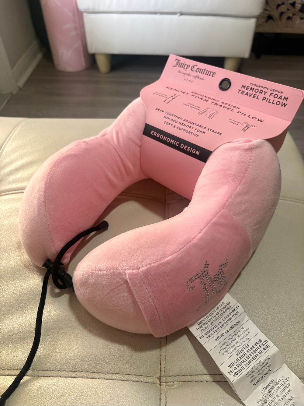 Juicy Couture Pink Ergonomic Memory Foam Travel Pillow